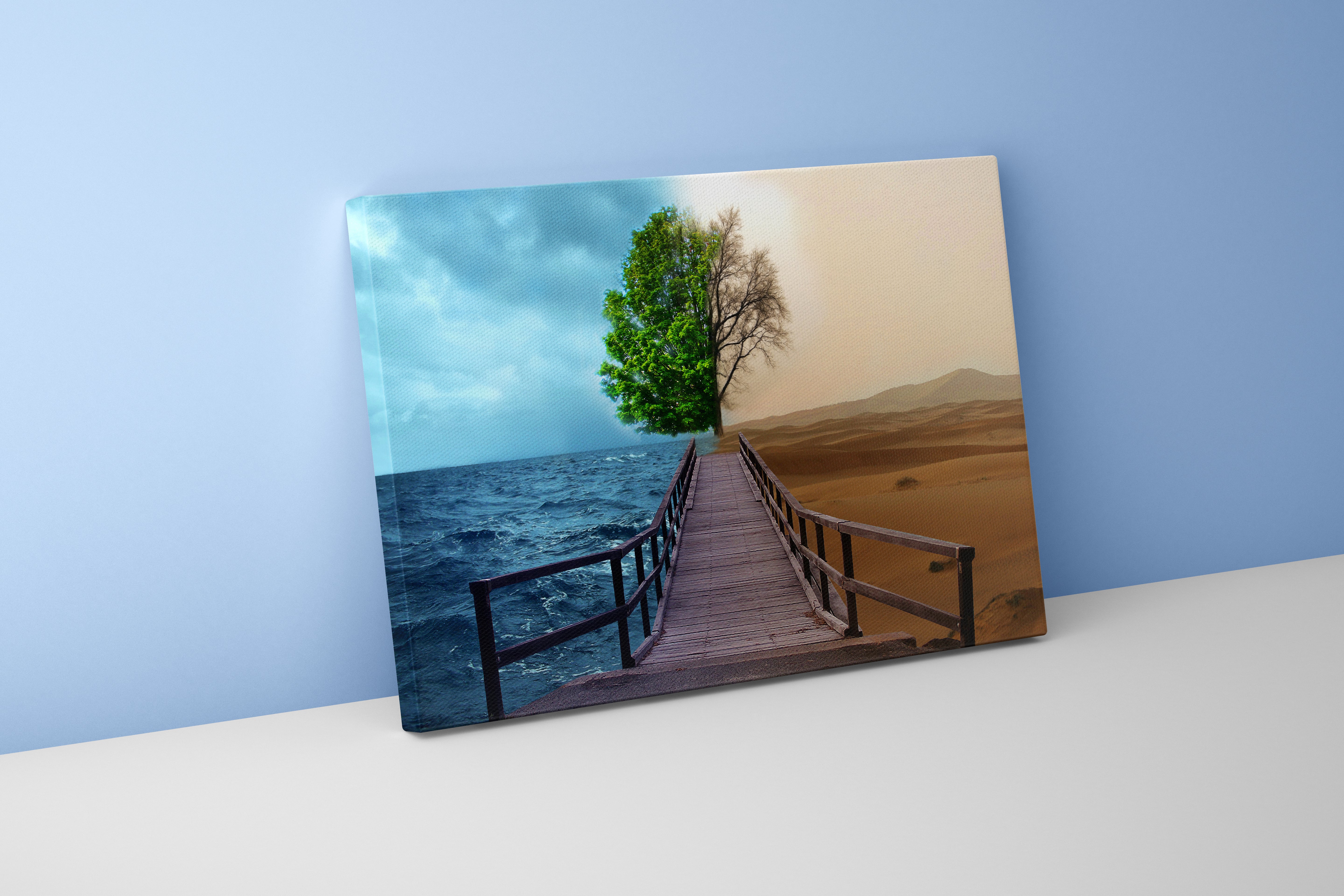 a pier to a split tree, one side lush ocean, one side barren desert, view, art, kanvas tablo