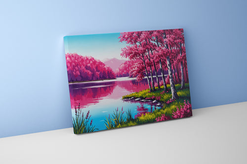 pink themed forest and river, view, art, kanvas tablo