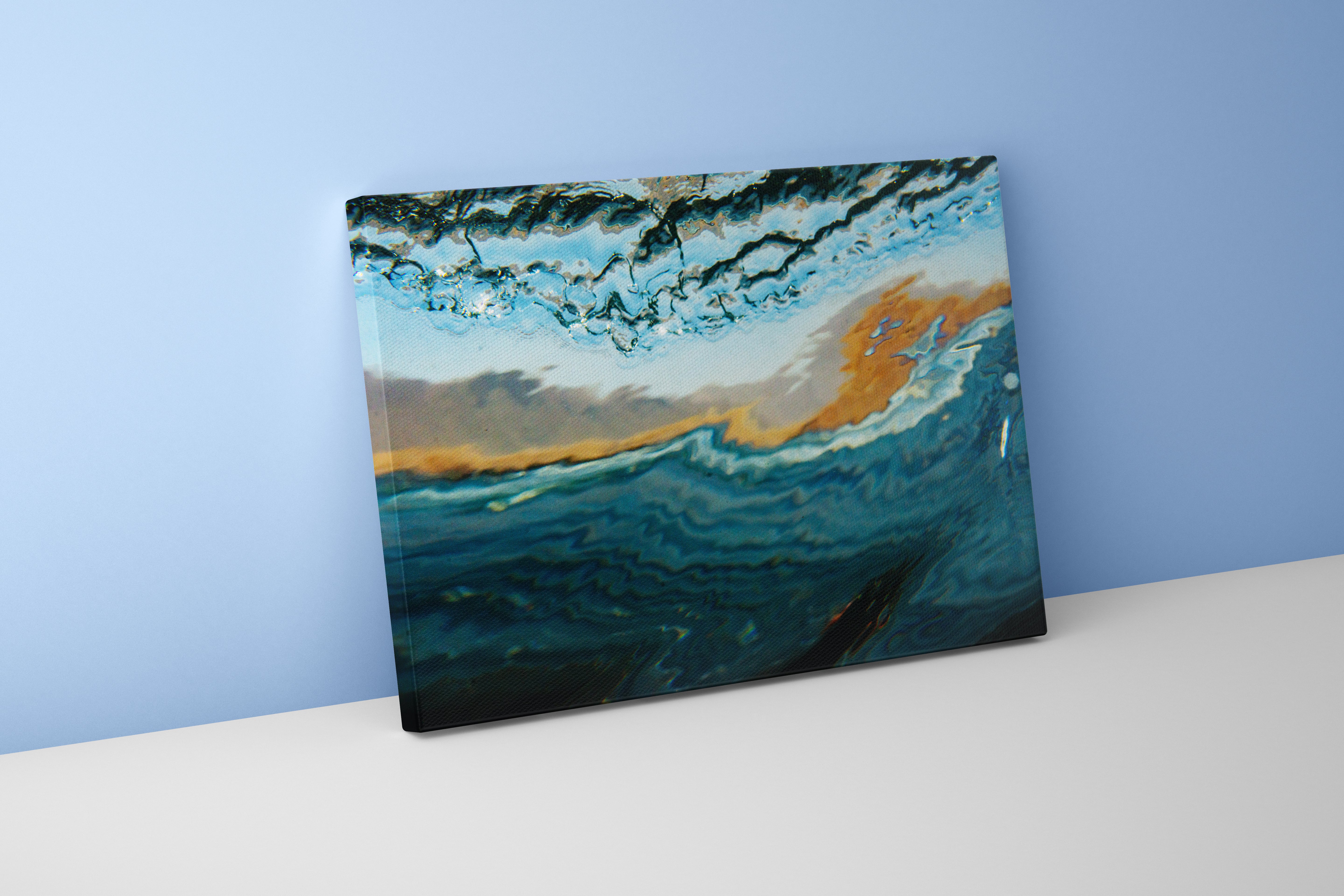 an abstract underwater photo looking up at the surface and a colorful sky, view, art, kanvas tablo