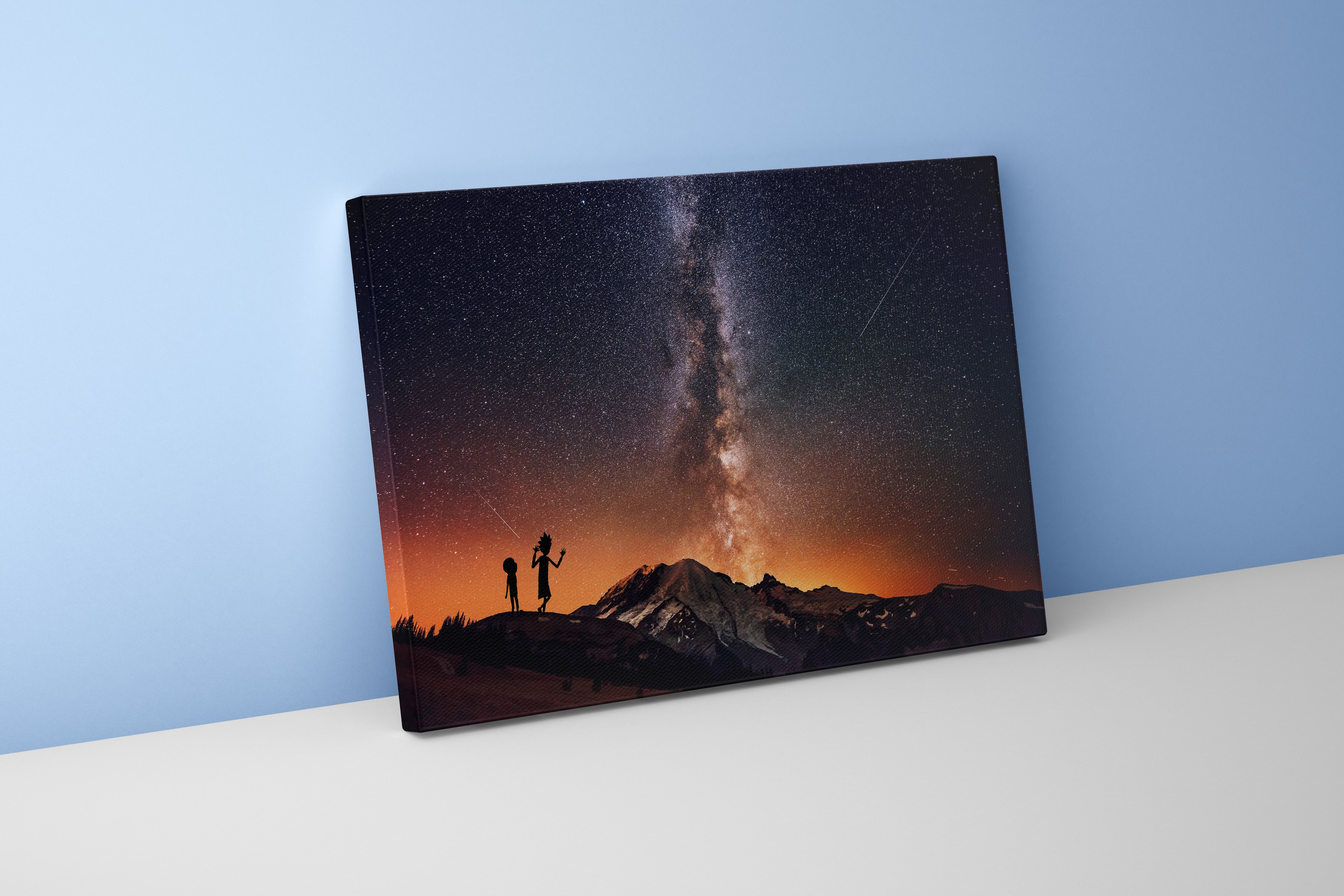 rick and morty as silhouettes watching the milky way over a mountain, anime, art, kanvas tablo