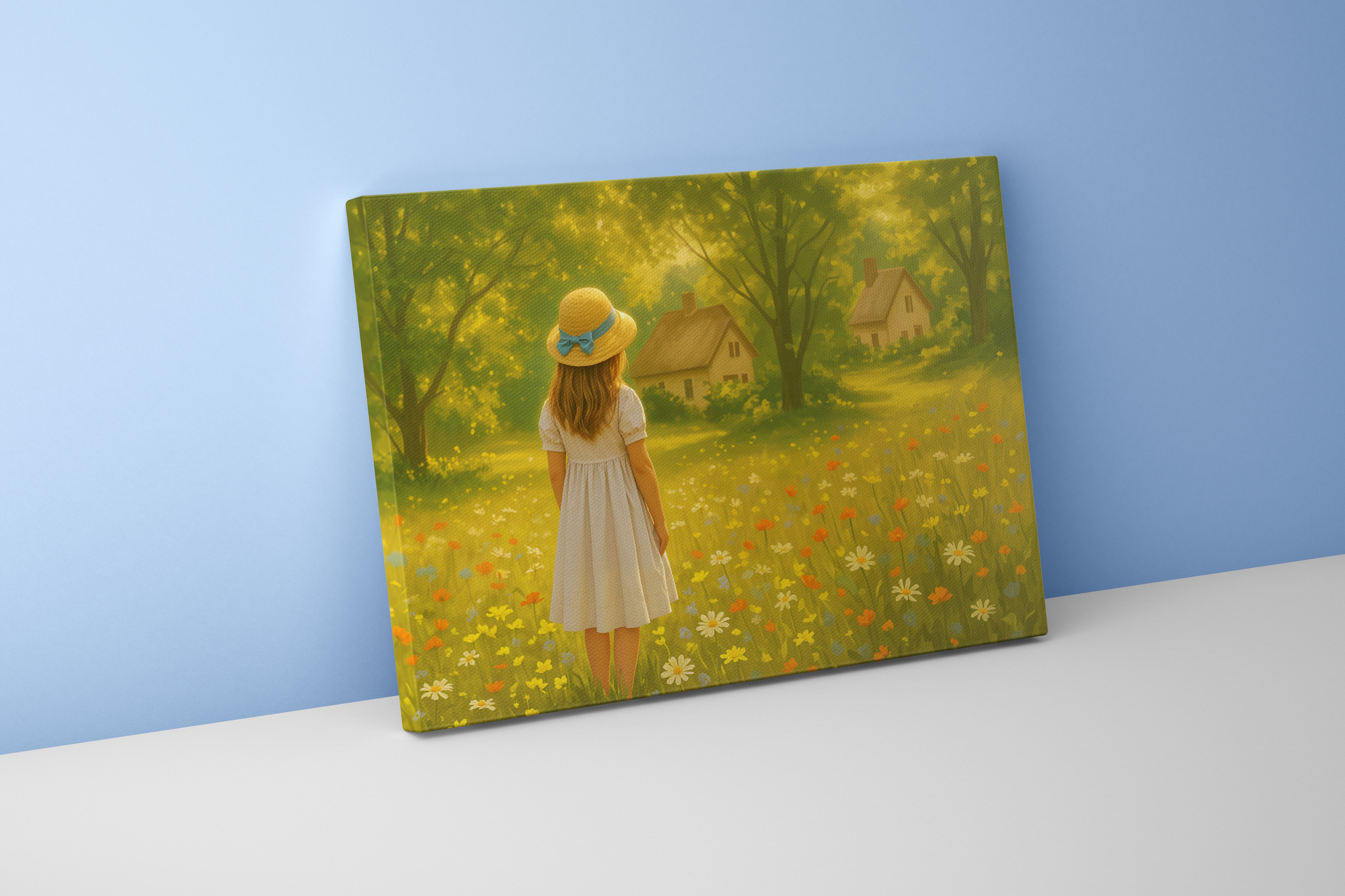 forest and small hut with flower view with little girl in a hat, view, art, kanvas tablo