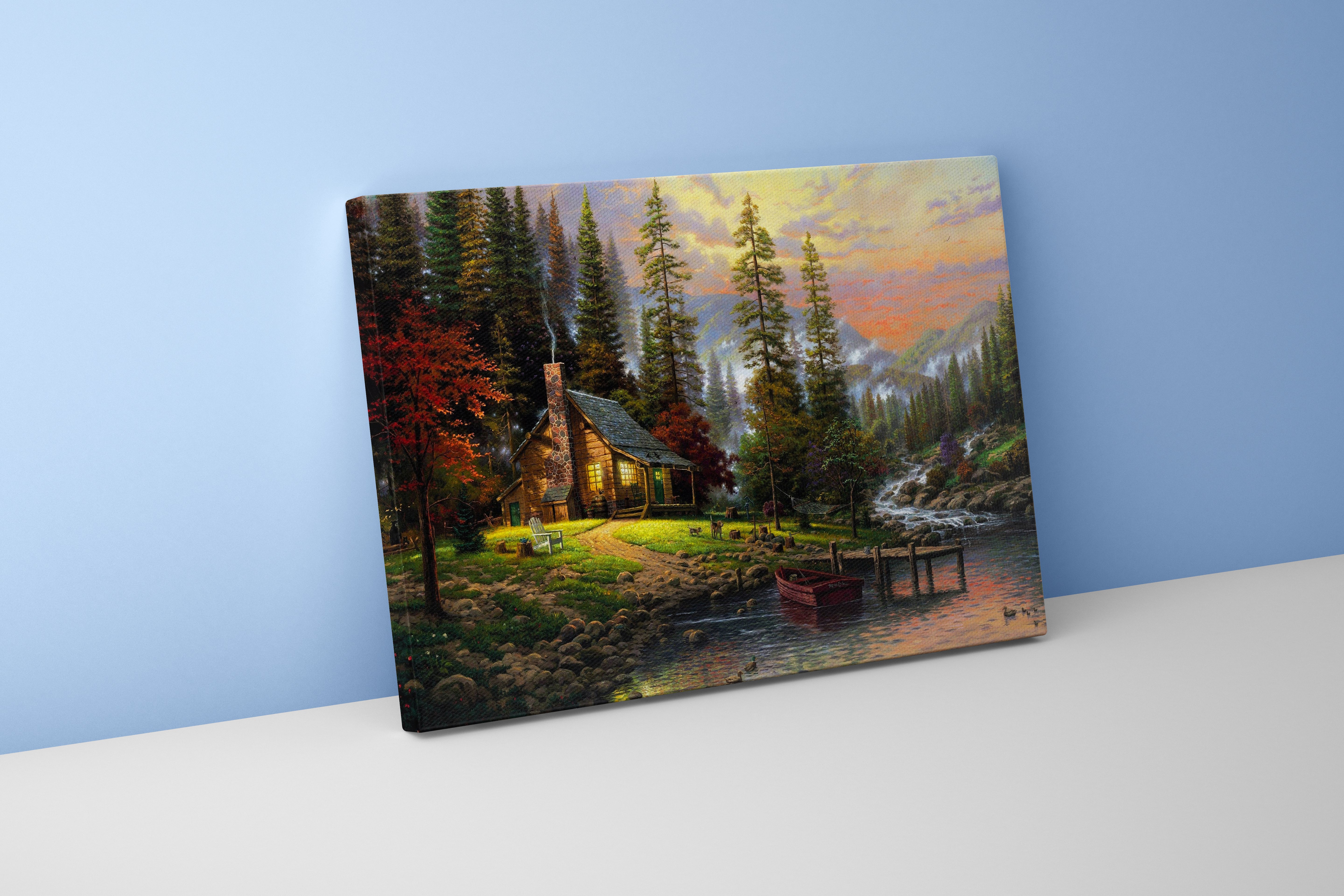 a cozy log cabin glowing by a peaceful river in a mountain forest, view, art, kanvas tablo