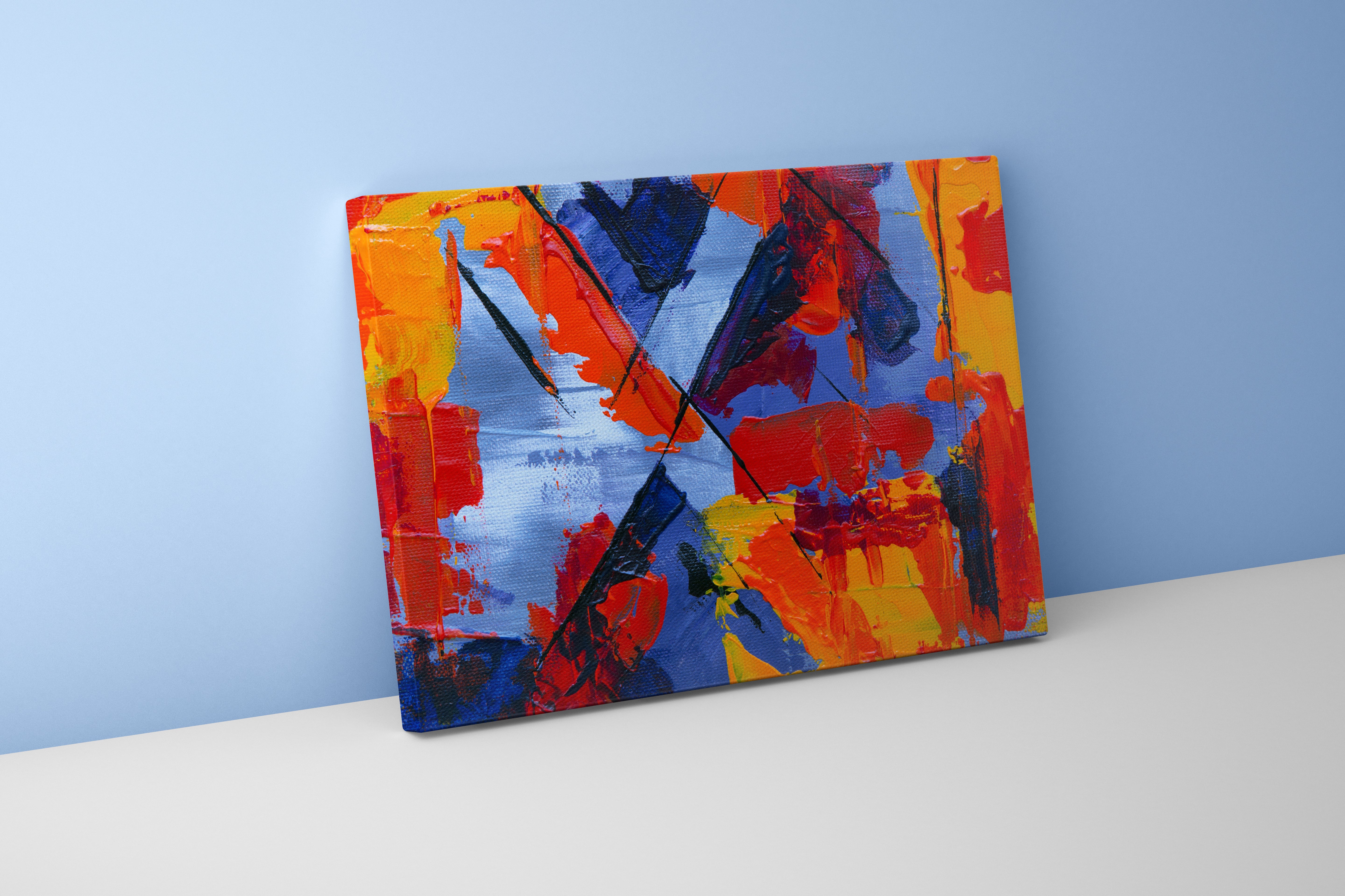 an abstract painting on canvas with clashing diagonal lines and vibrant primary colors, abstract, art, kanvas tablo