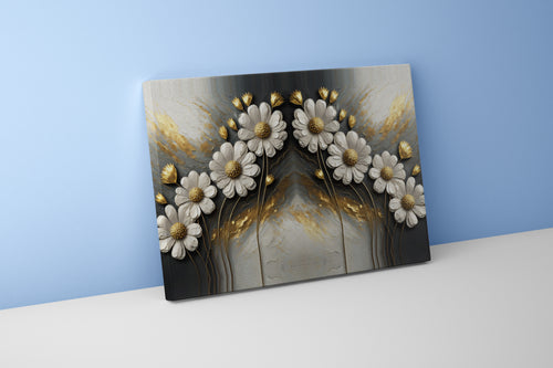 an elegant and symmetrical design of white and gold flowers on a texture, flower motif, art, kanvas tablo