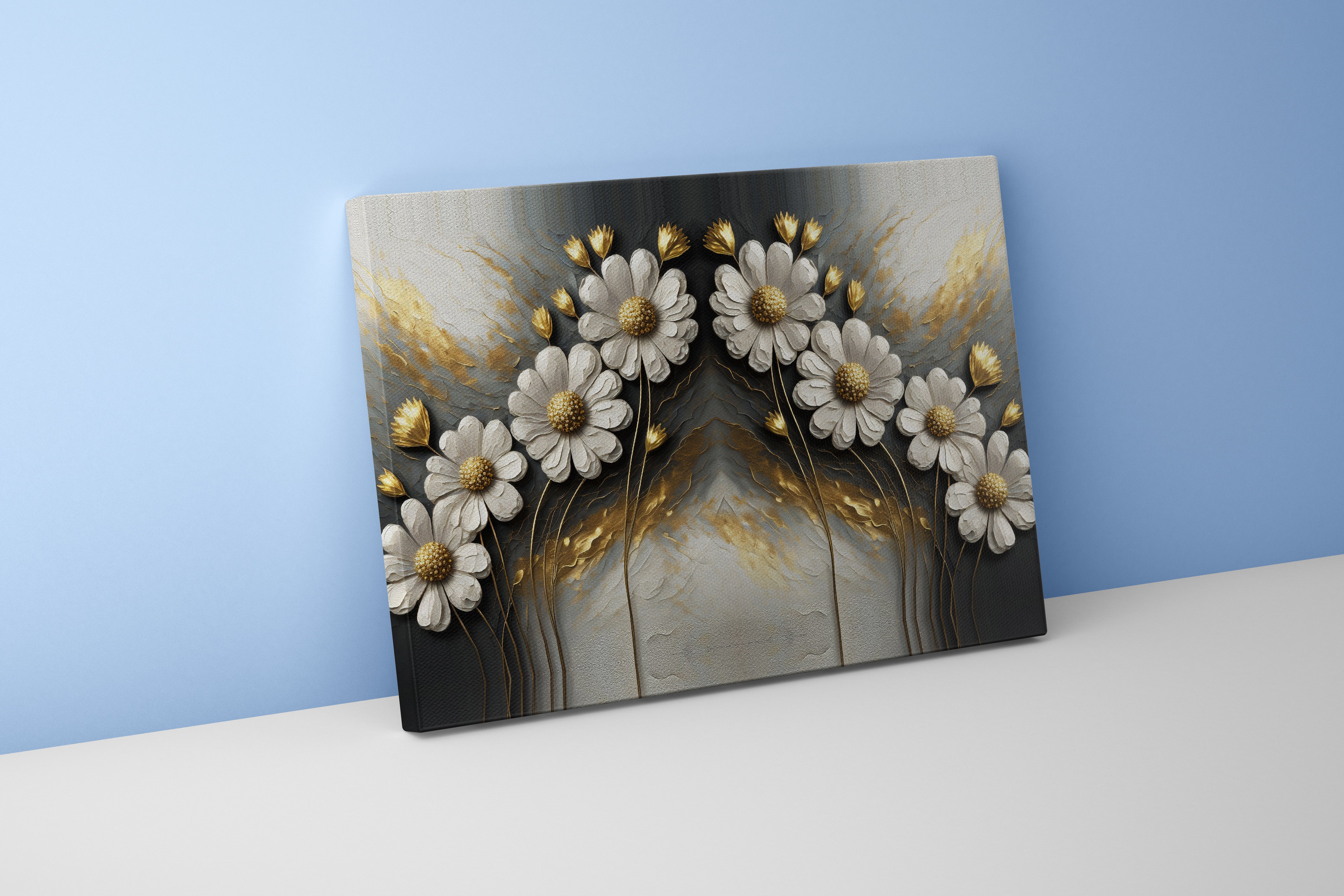 an elegant and symmetrical design of white and gold flowers on a texture, flower motif, art, kanvas tablo