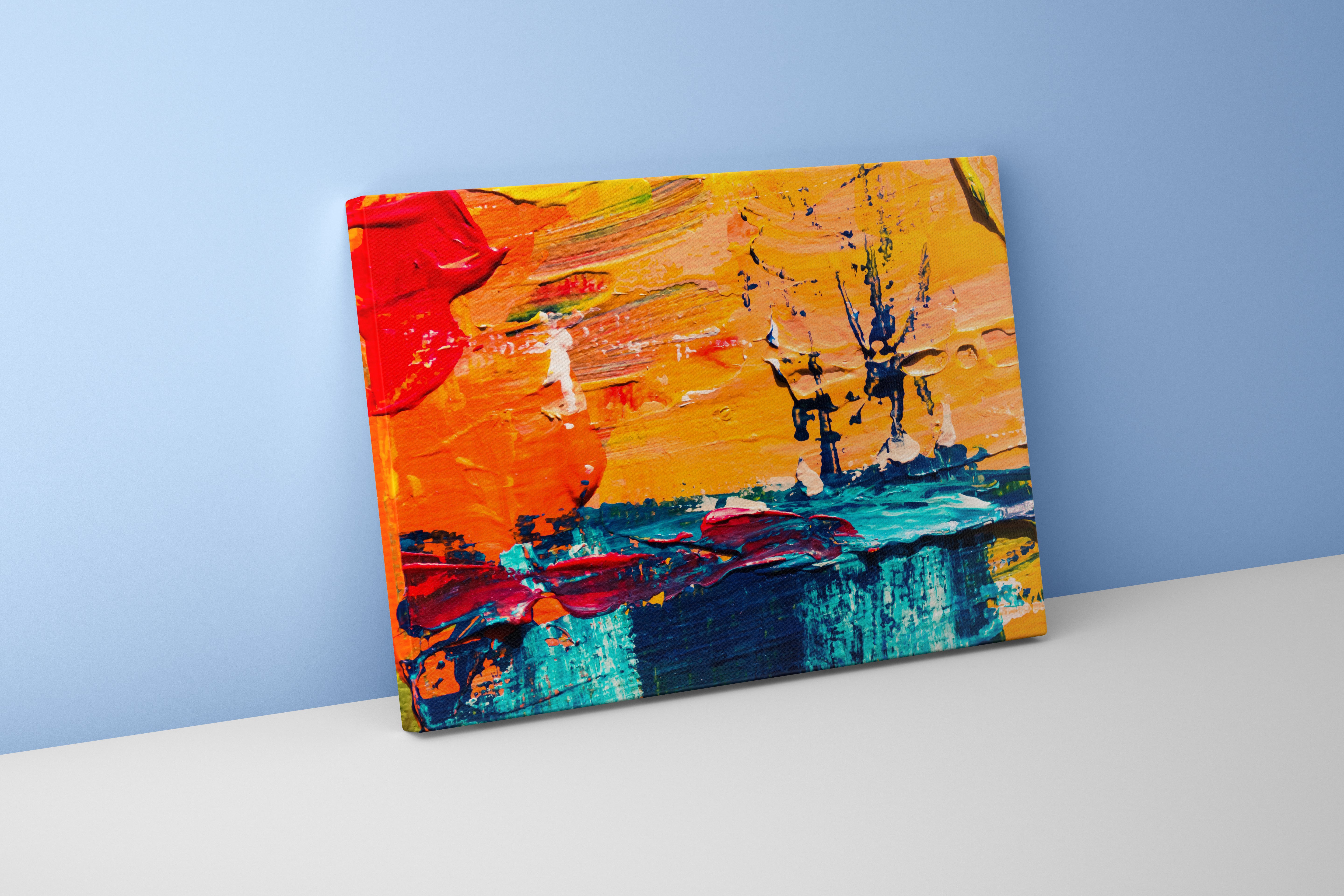 a close-up of a vibrant abstract painting with thick orange and blue brushstrokes, abstract, art, kanvas tablo