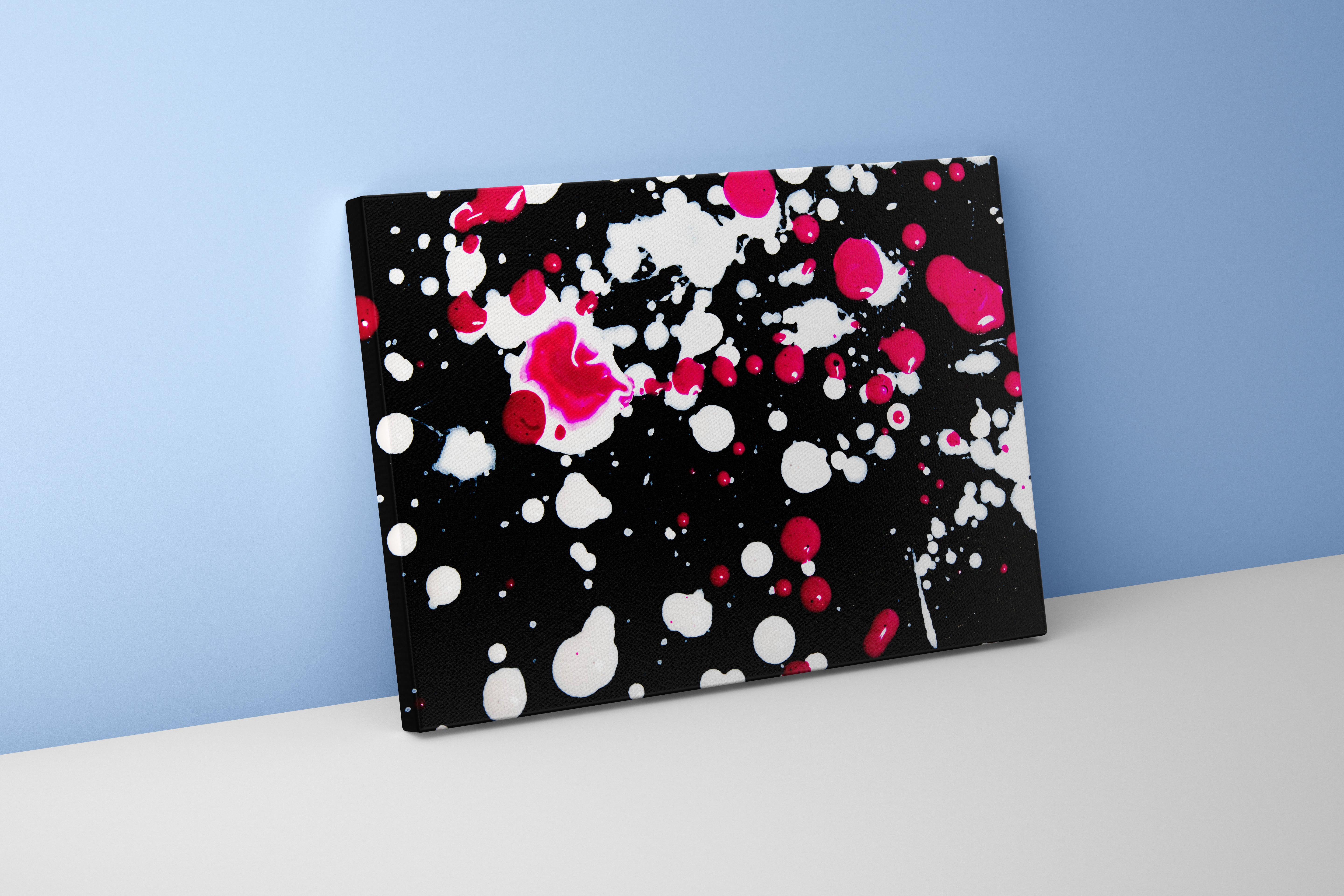 expressive action painting with vibrant pink and white splatters on a black canvas, abstract, art, kanvas tablo