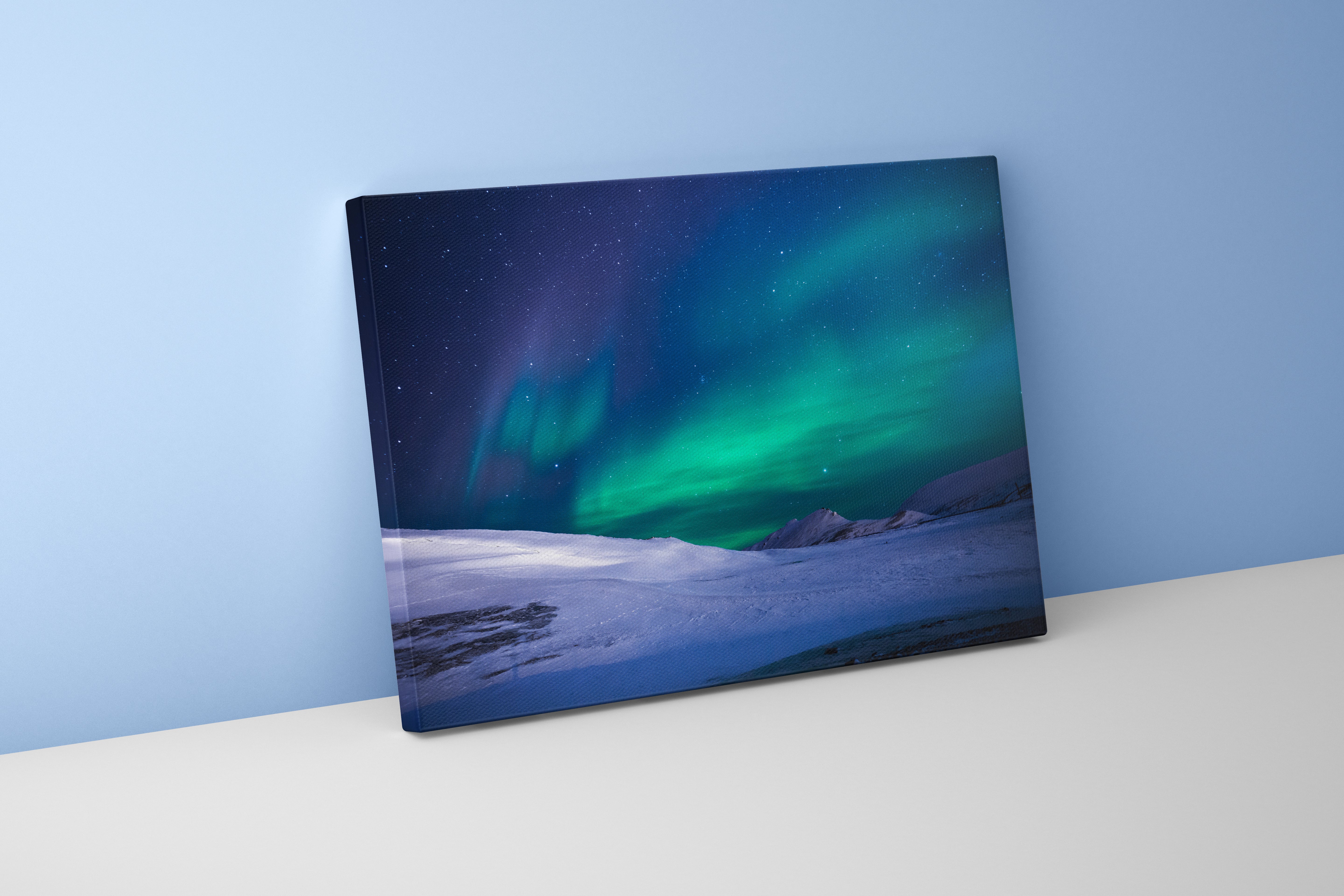 a beautiful green and blue aurora over a vast, snowy arctic landscape, view, art, kanvas tablo