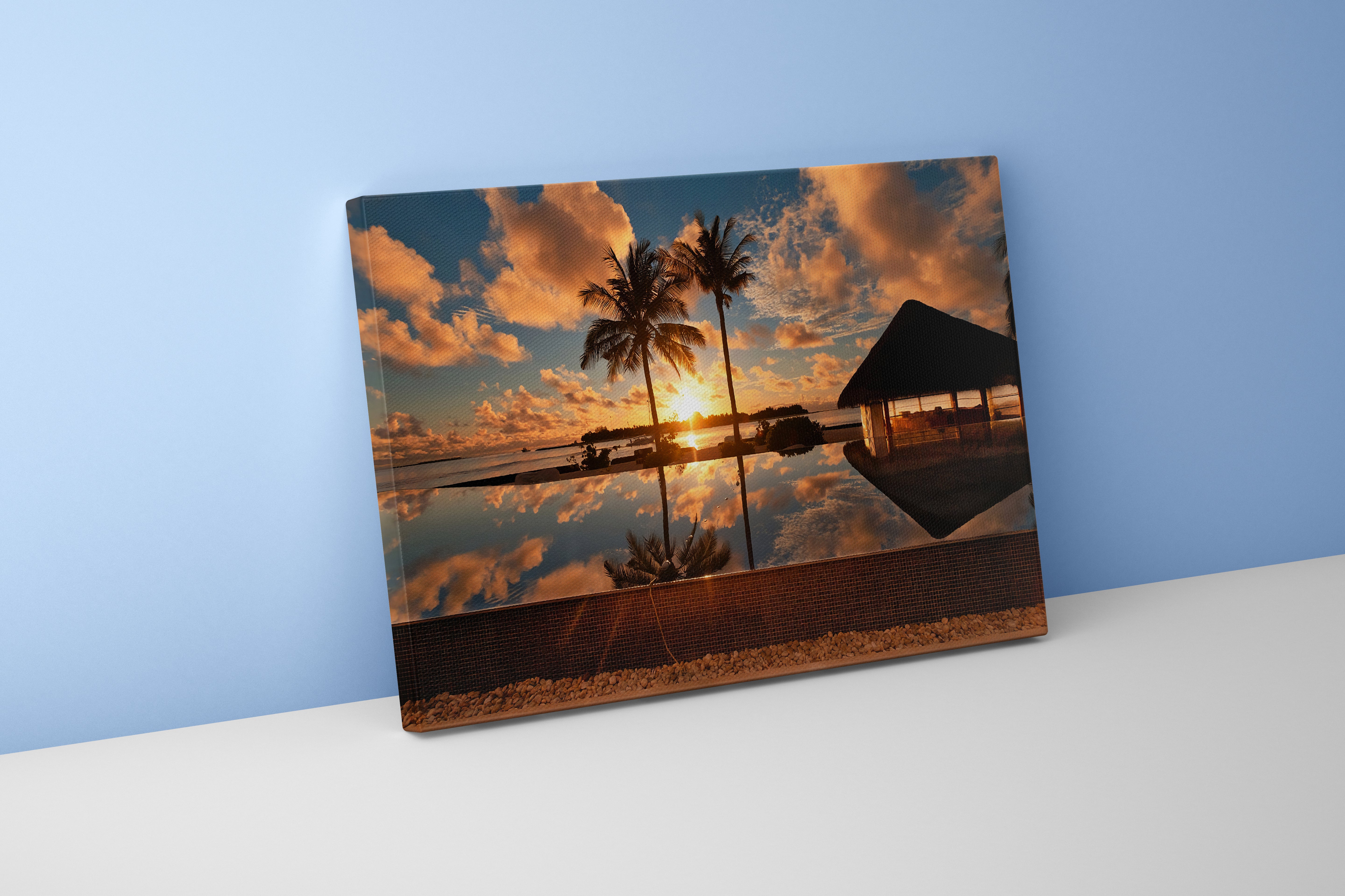 a serene infinity pool perfectly reflecting a golden sunset and two palm trees, view, art, kanvas tablo