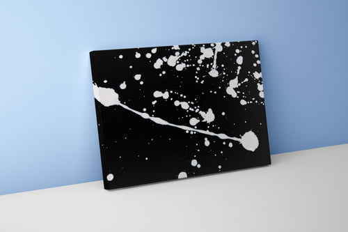 a minimalist abstract artwork with dynamic white paint splatters on a black background, abstract, art, kanvas tablo