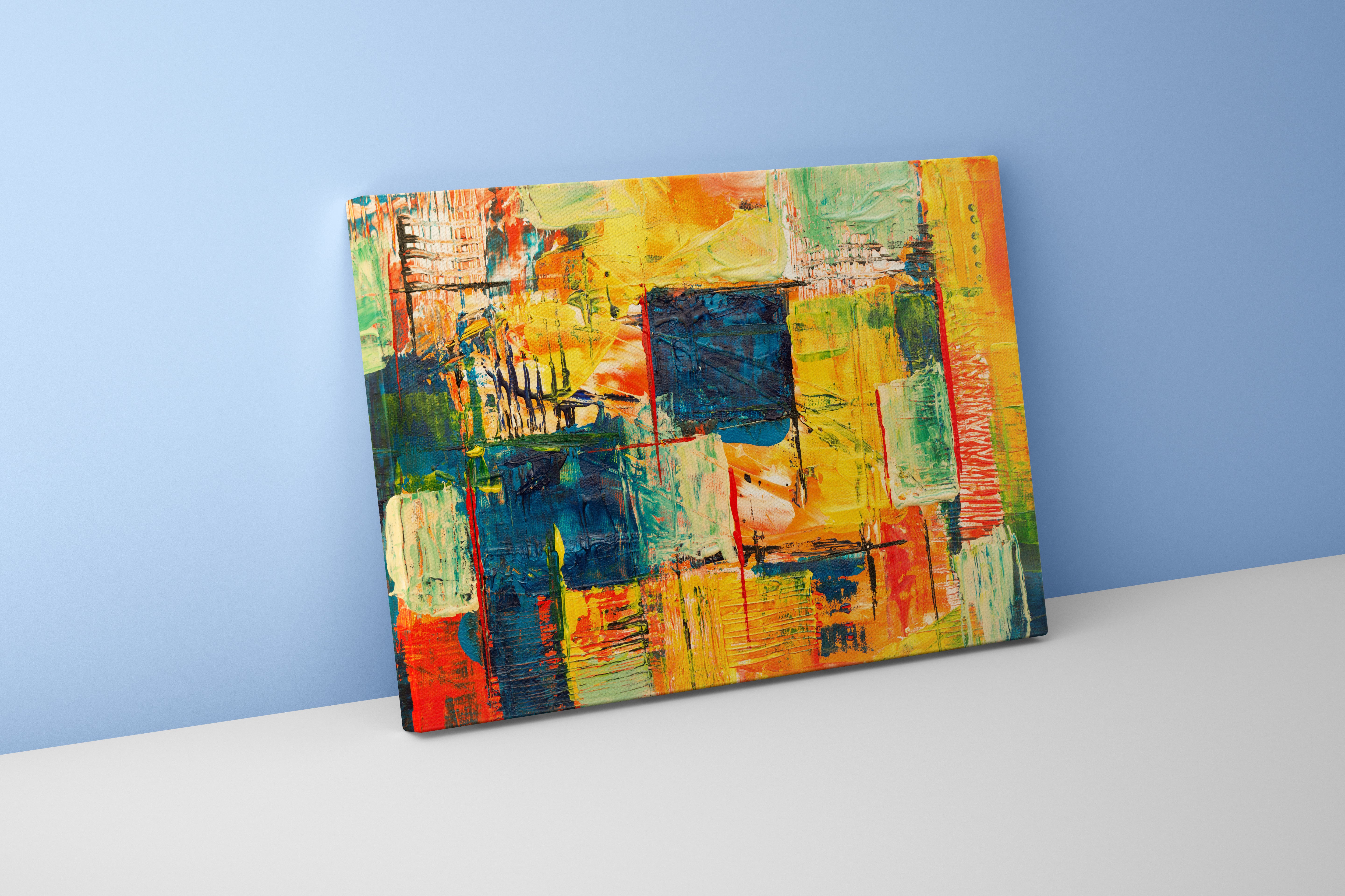 a heavily textured abstract painting with a colorful grid of warm and cool tones, abstract, art, kanvas tablo