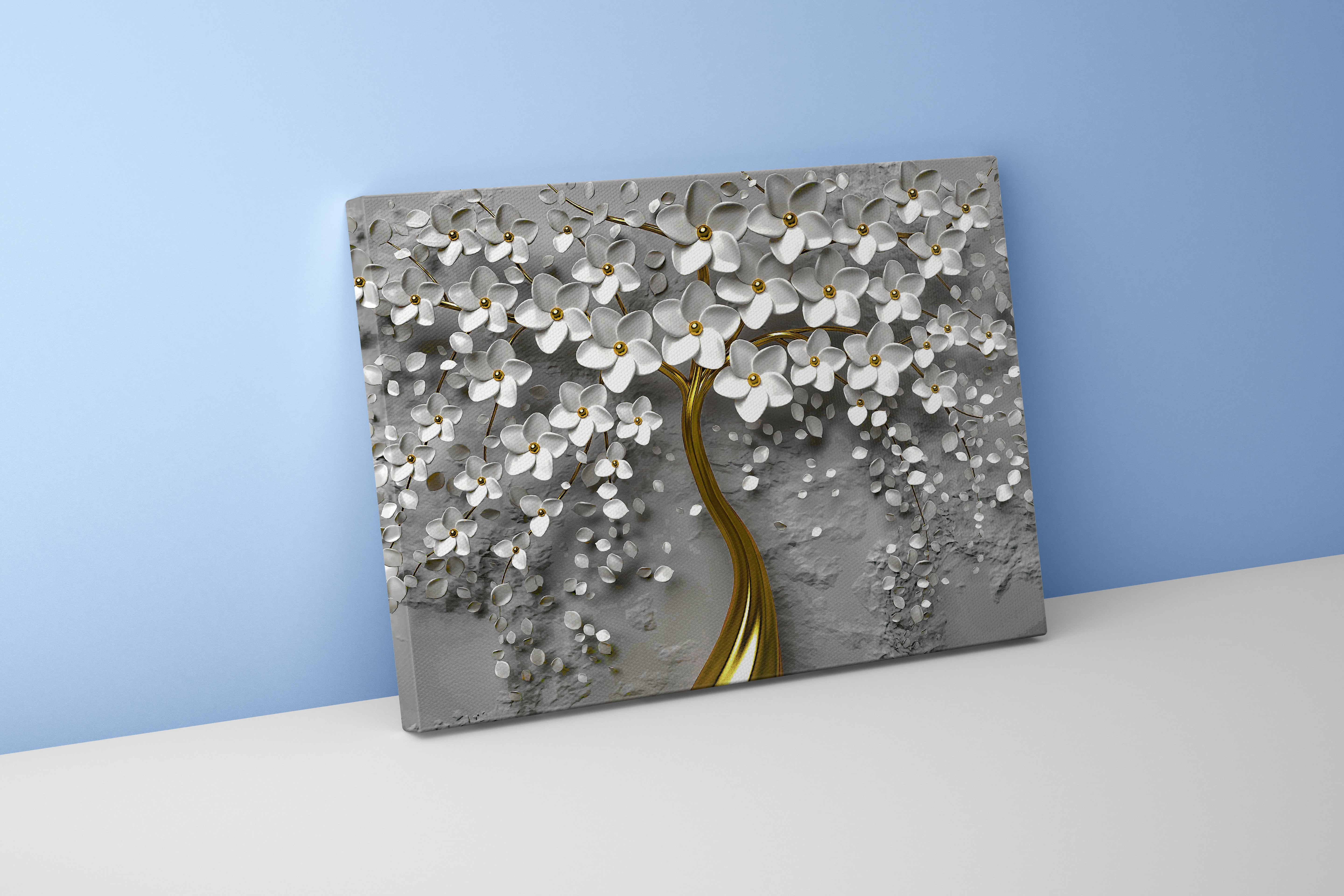 a 3d wallpaper design of an elegant golden tree with white flowers, flower motif, art, kanvas tablo