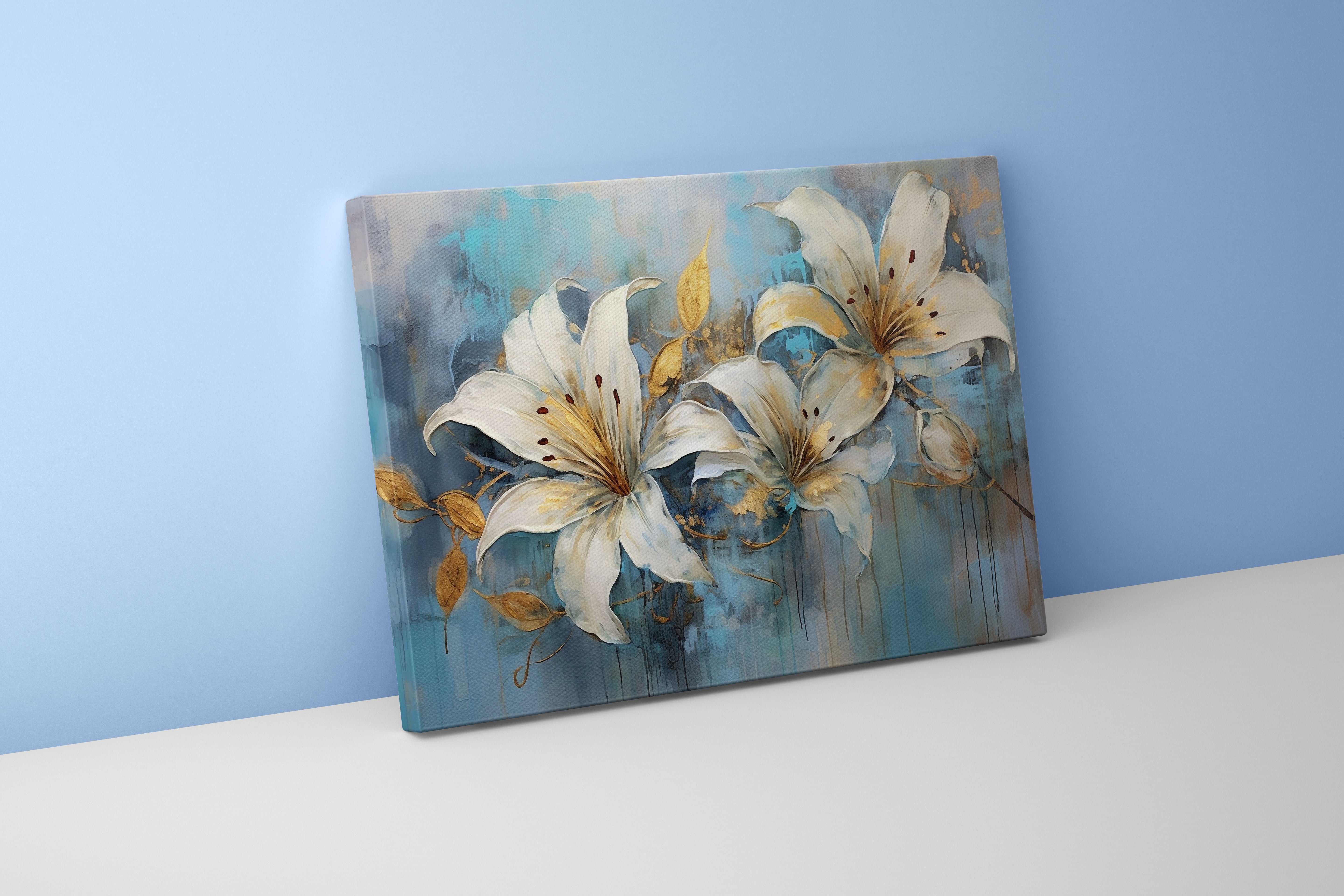 white lilies with gold leaf accents against a textured, dripping blue background, flower motif, art, kanvas tablo