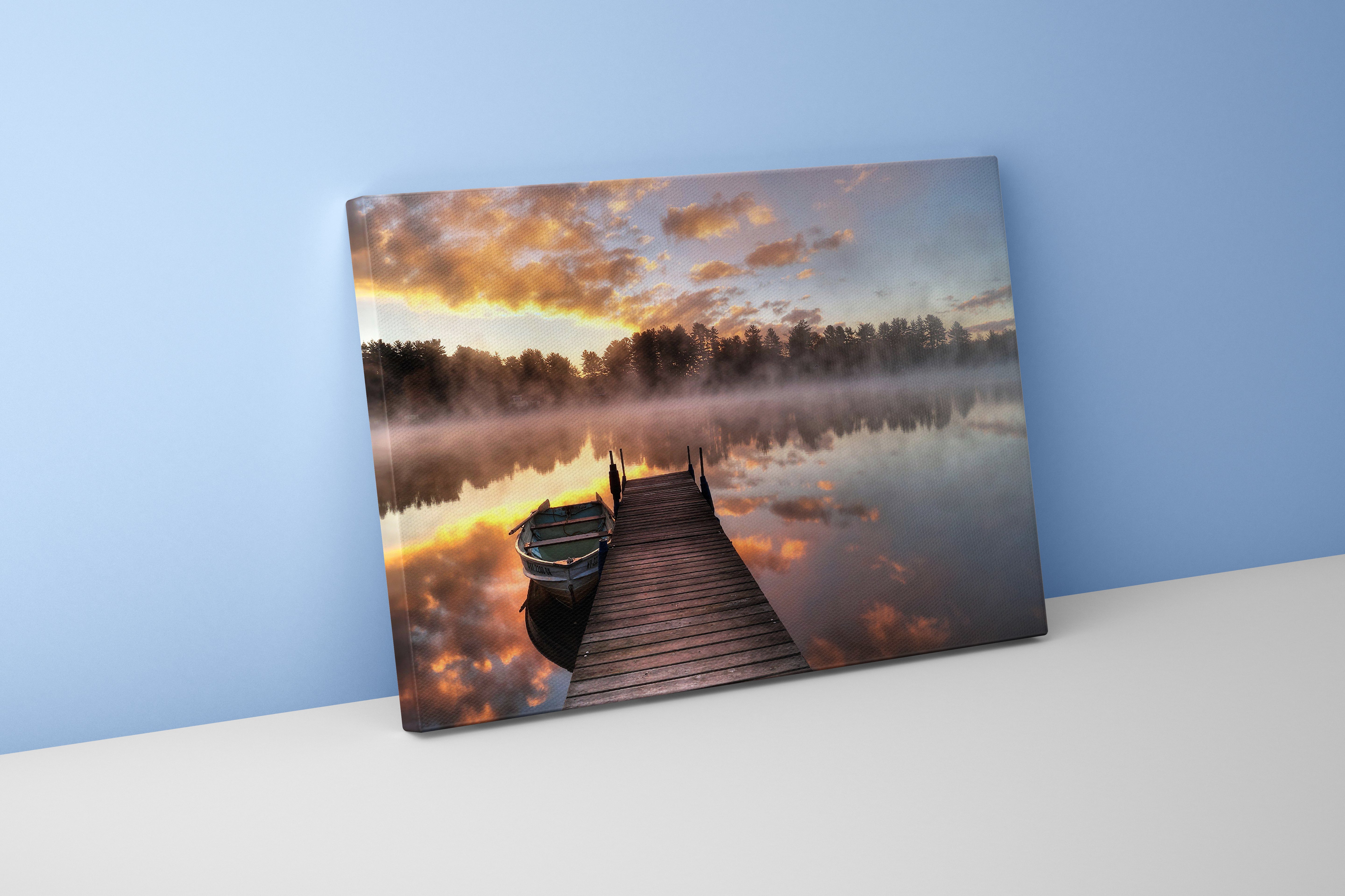 a serene, misty lake at sunrise, with a small boat tied to a pier, view, art, kanvas tablo