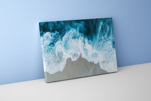 an aerial top-down view of turquoise ocean waves crashing on a sandy beach, view, art, kanvas tablo