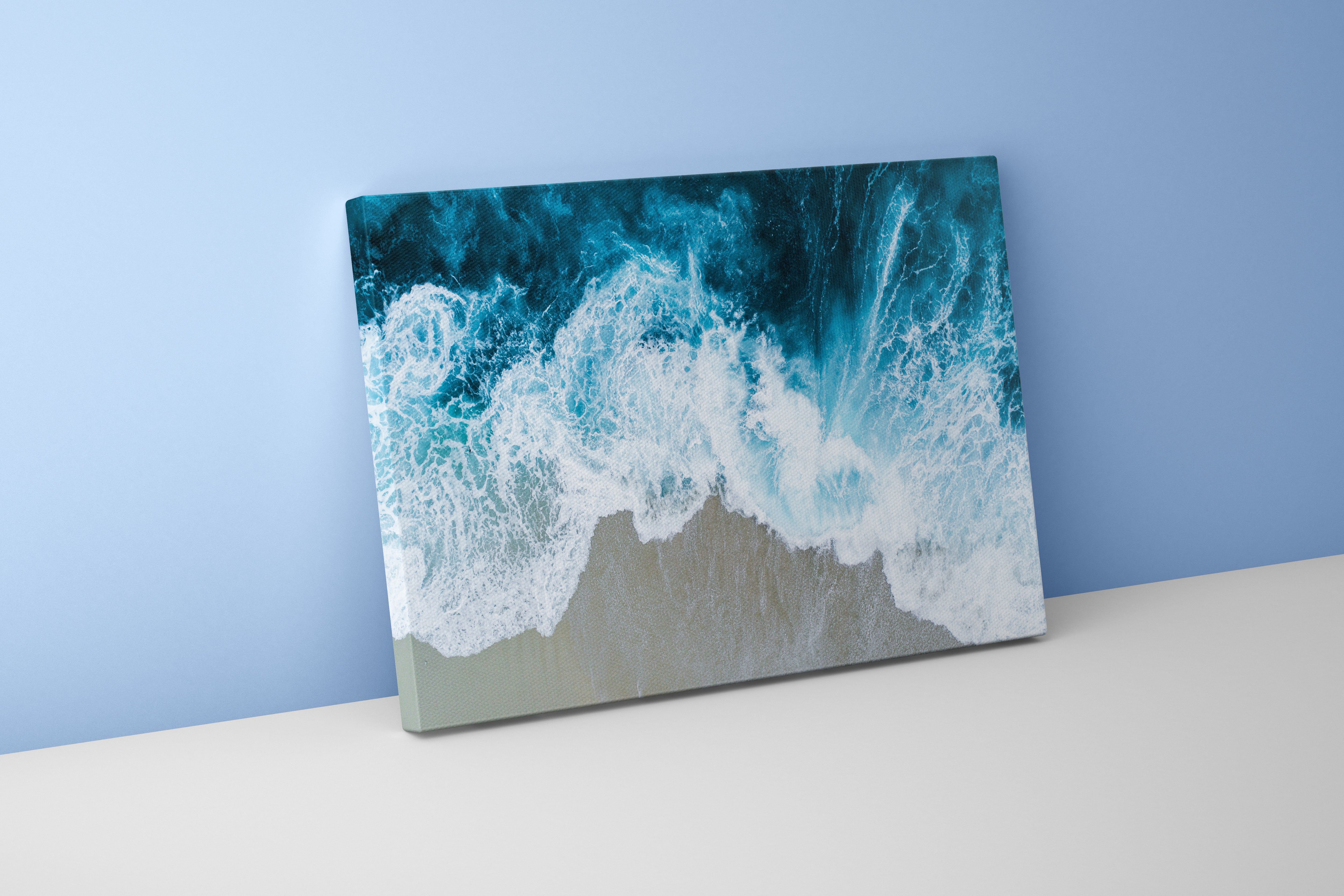 an aerial top-down view of turquoise ocean waves crashing on a sandy beach, view, art, kanvas tablo