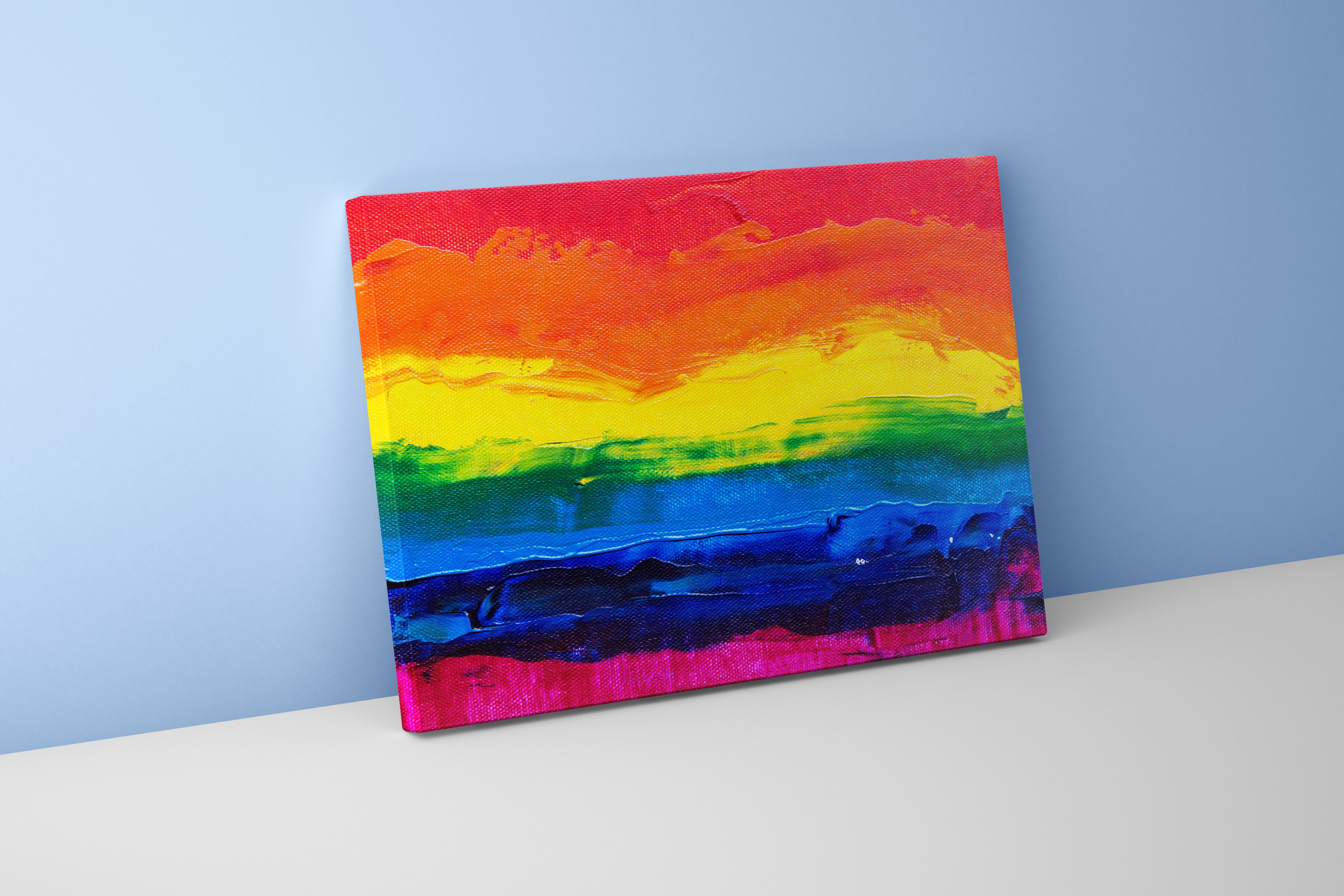 a close-up of a thickly painted rainbow flag on a textured canvas background, abstract, art, kanvas tablo
