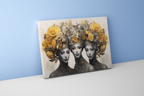 three elegant women with elaborate headdresses of yellow and grey flowers, flower motif, art, kanvas tablo