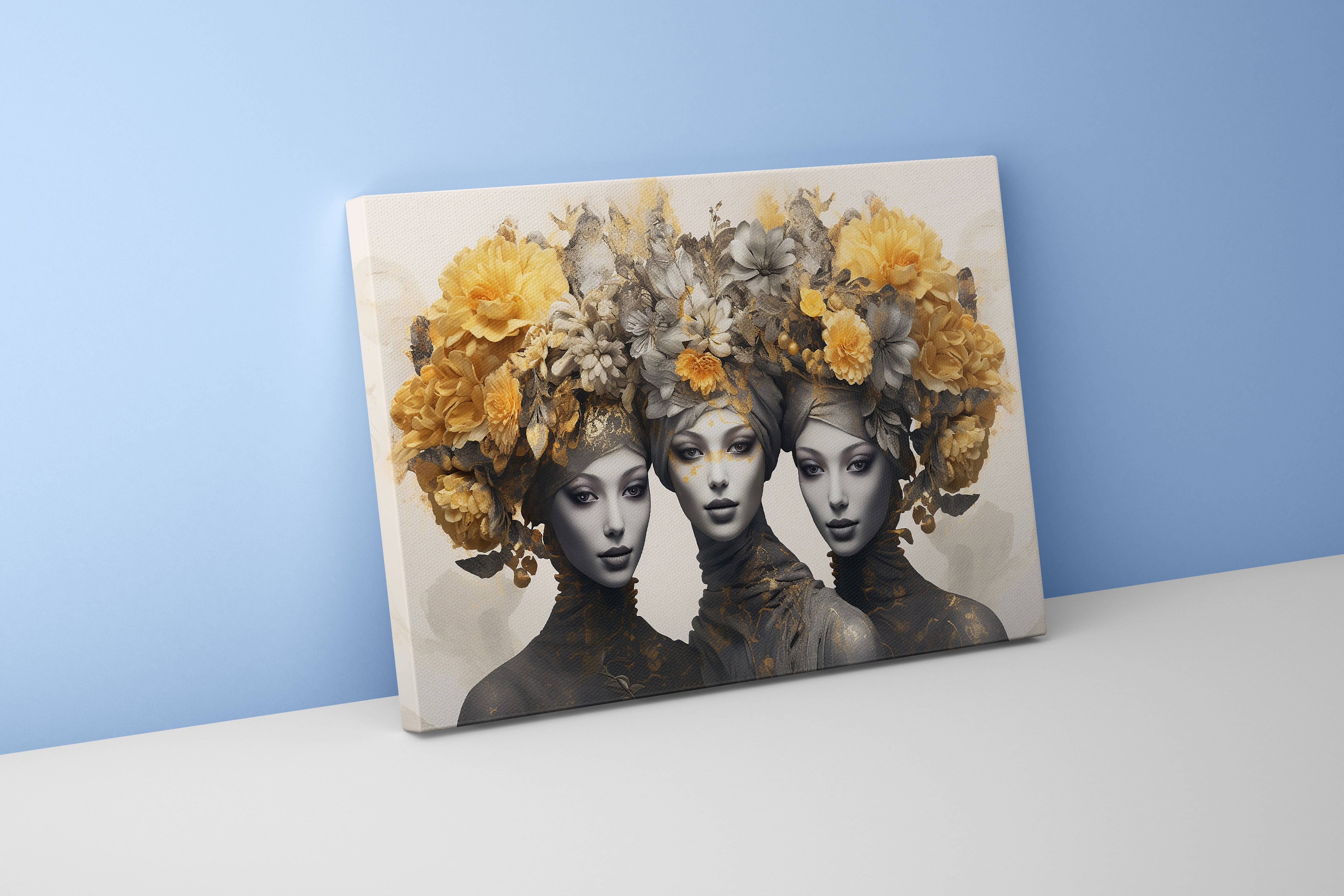three elegant women with elaborate headdresses of yellow and grey flowers, flower motif, art, kanvas tablo