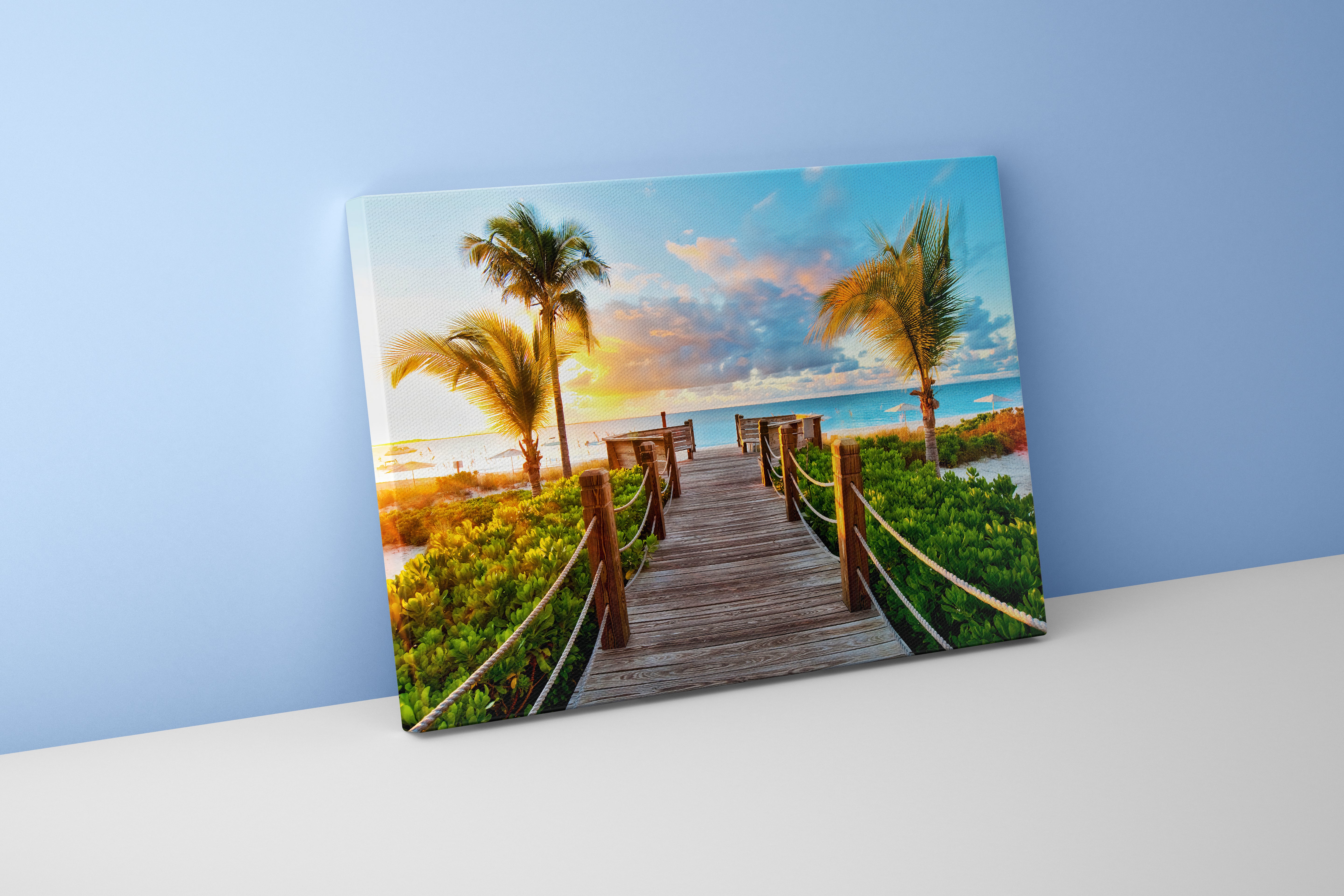 a wooden walkway to a serene paradise beach with palm trees at sunset, view, art, kanvas tablo