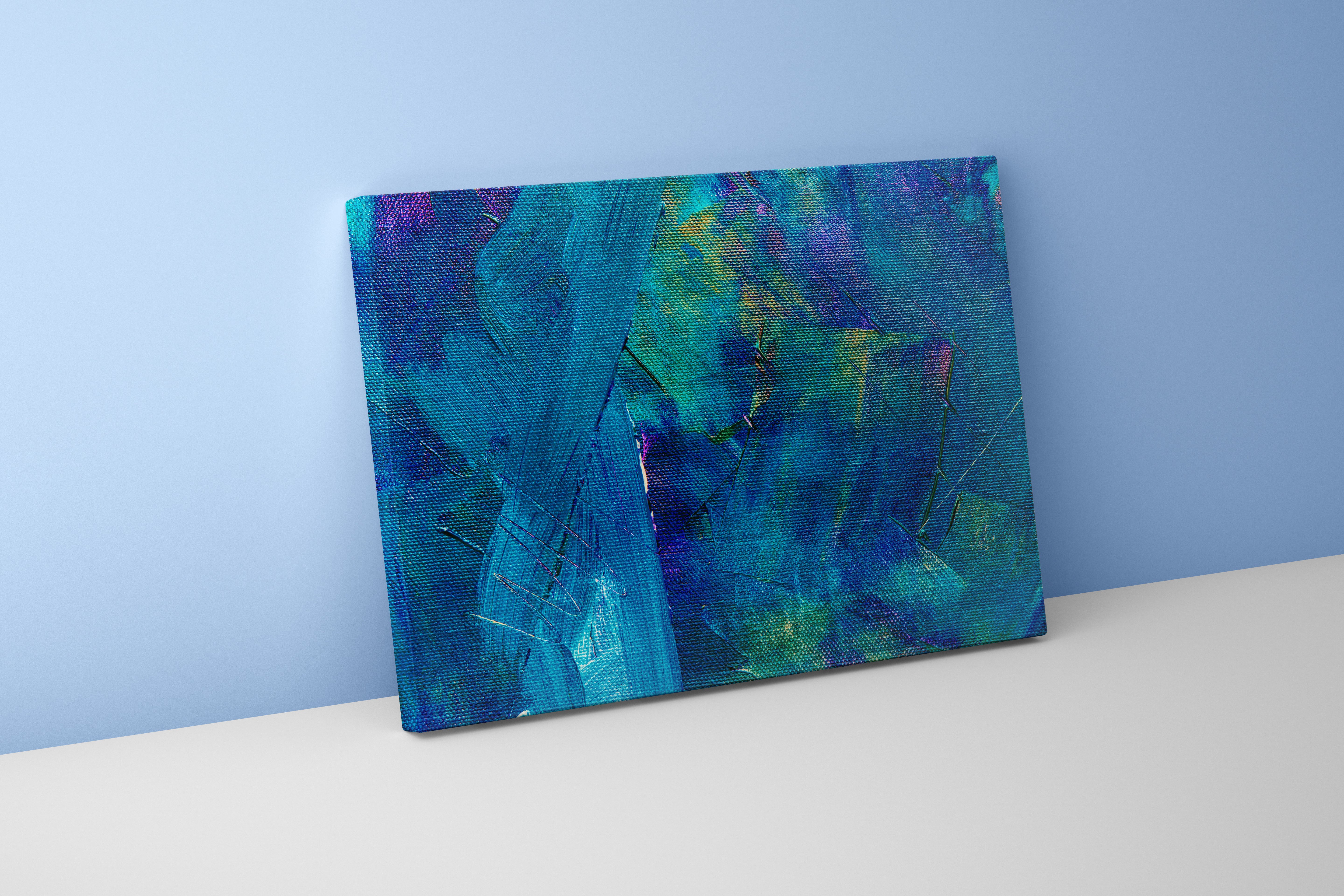 a close-up of a textured abstract painting on canvas with cool blue tones, abstract, art, kanvas tablo