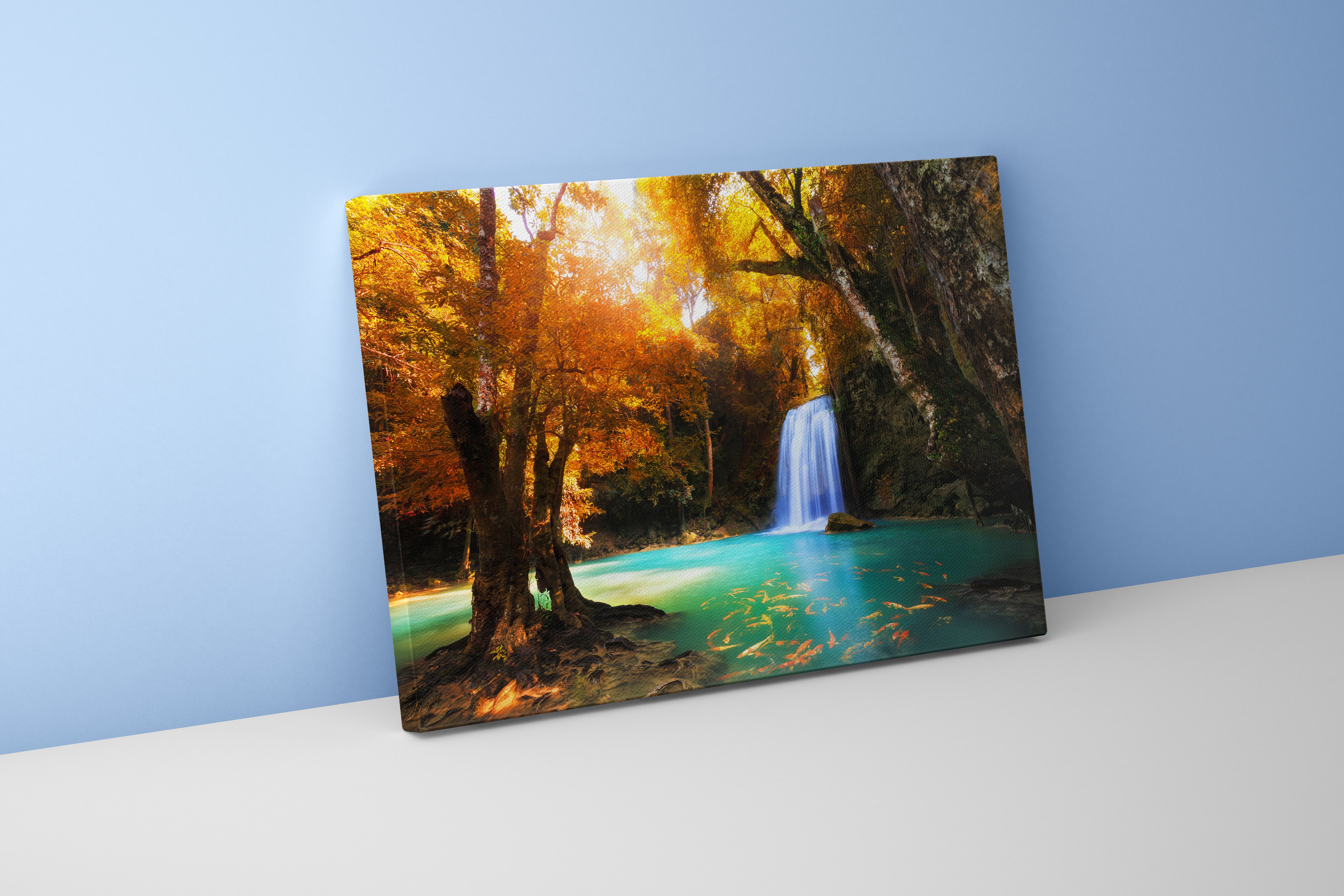 a magical waterfall in a golden autumn forest with fish in turquoise water, view, art, kanvas tablo