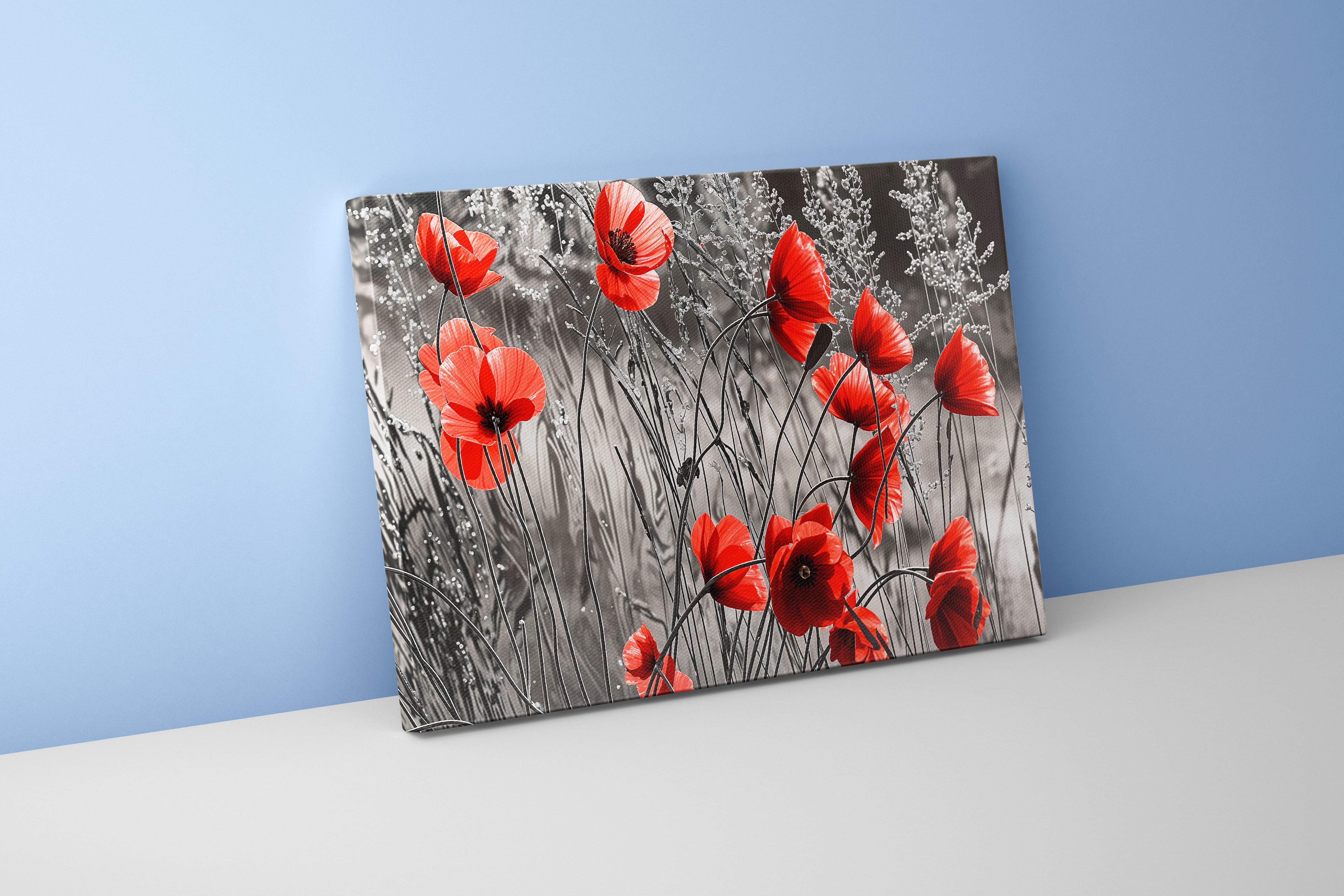 flower motif, red flowers blooming via dark theme, art, kanvas tablo