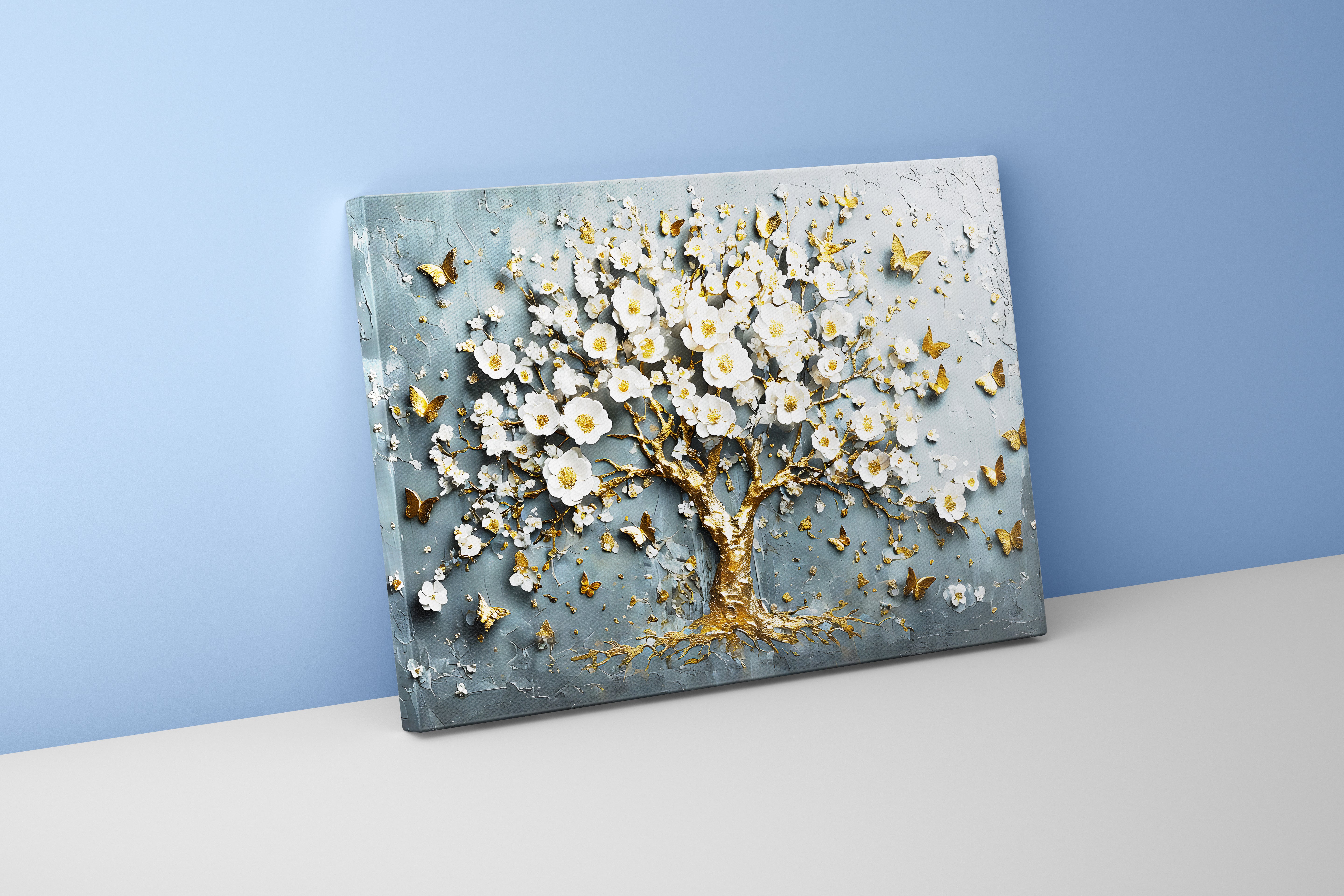 flower motif, grey themed tree, art, kanvas tablo