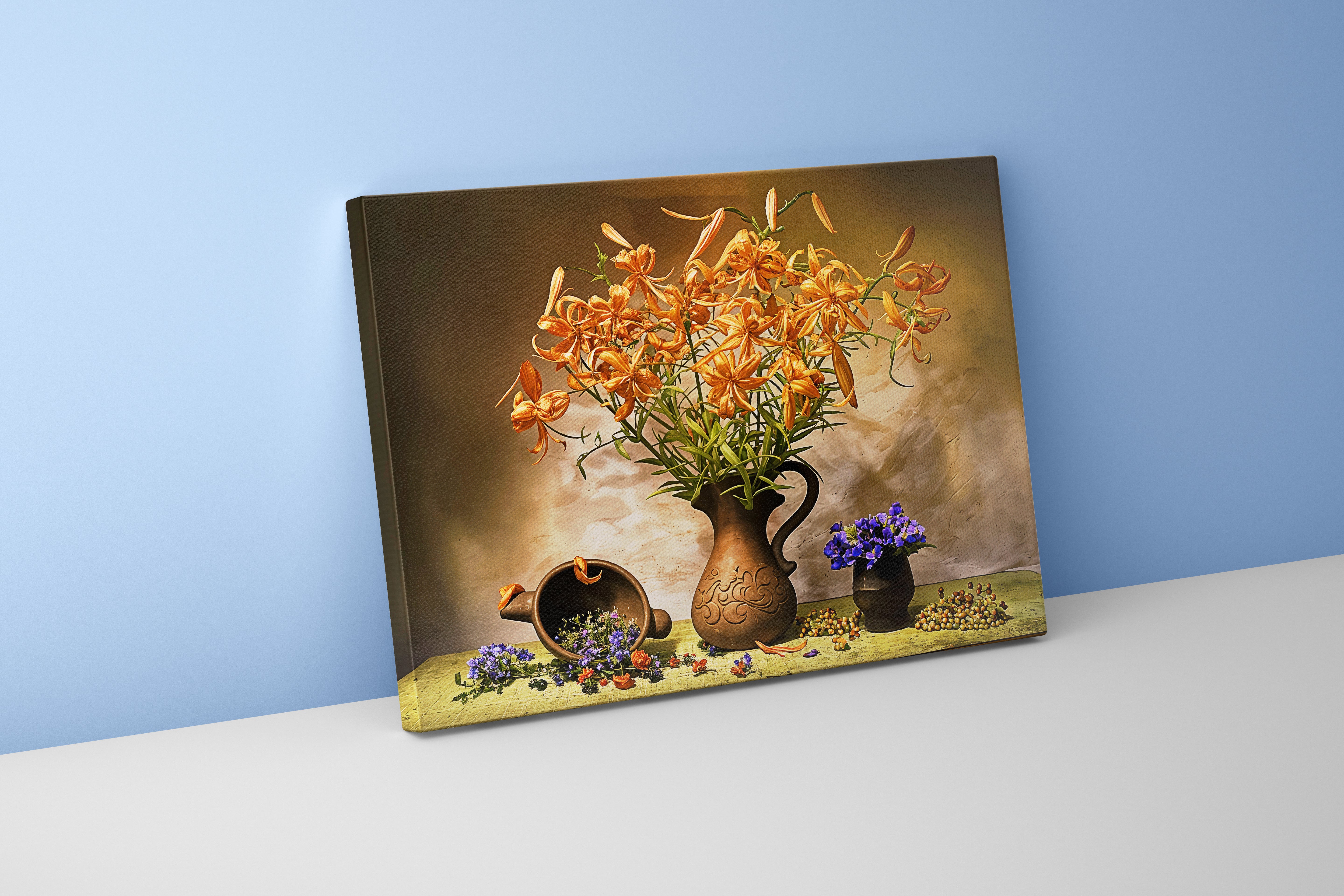 flower motif, old vase, art, kanvas tablo