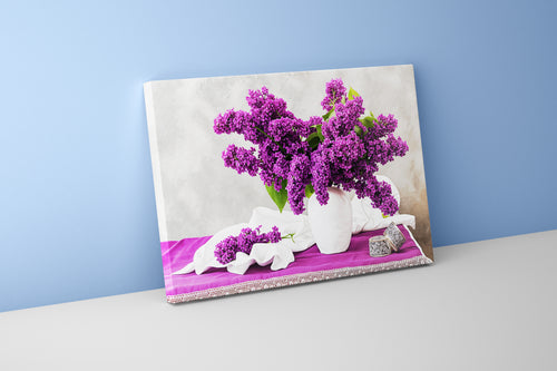 flower motif, purple flowers/white vase, art, kanvas tablo