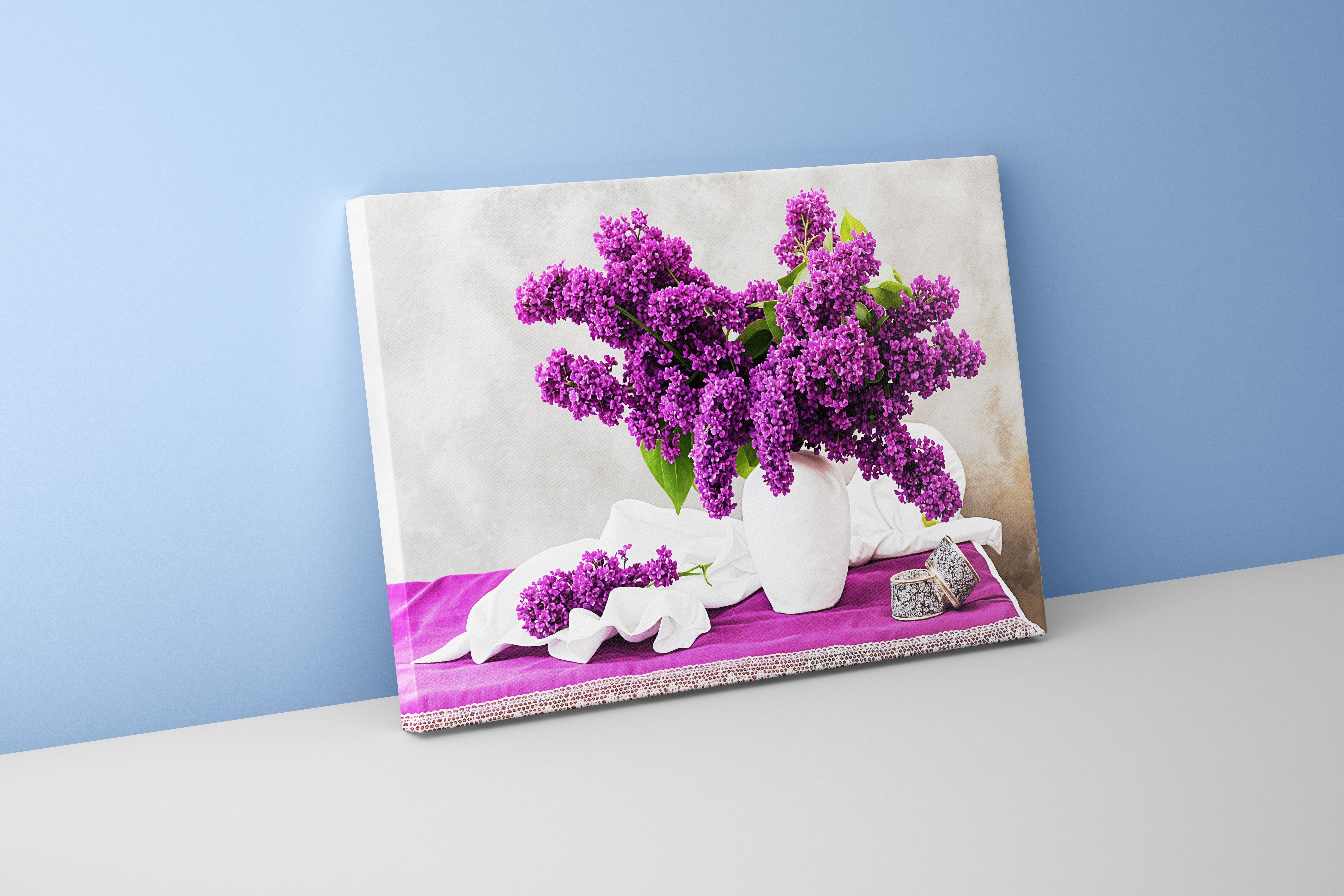 flower motif, purple flowers/white vase, art, kanvas tablo