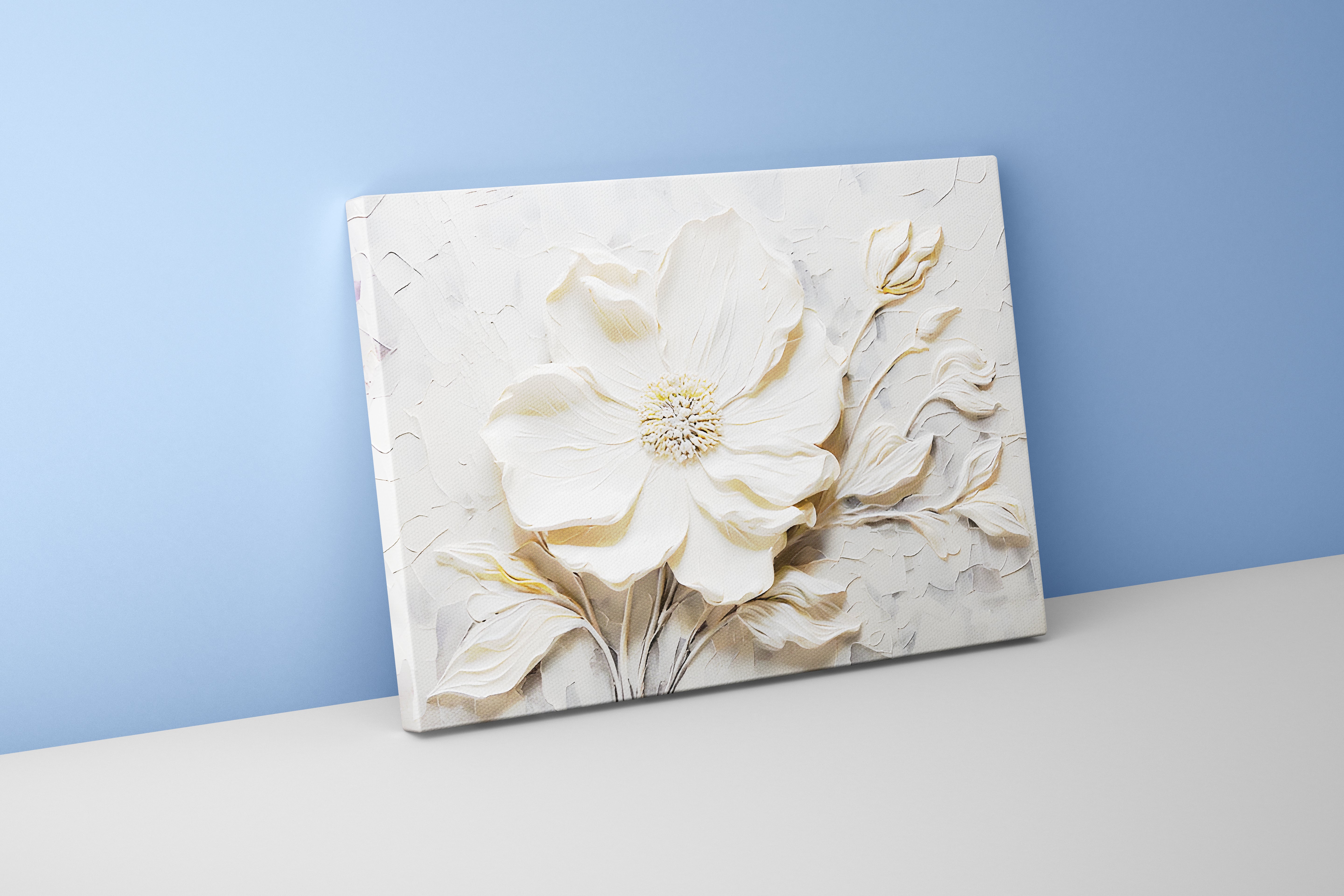 flower motif, high white relief, art, kanvas tablo
